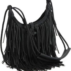 Vintage Fringe Hobo Bag for Women - Black Fringe Purse with Tassel Satchel Shoul